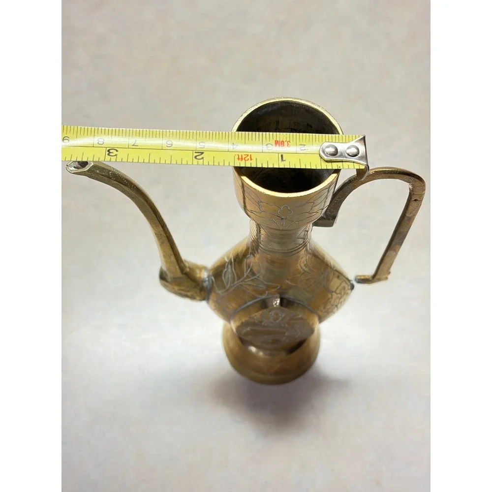 Vintage Etched Brass Ewer Pitcher Dragon Floral Design Decorative Accent FLAW 7" - Picture 12 of 12